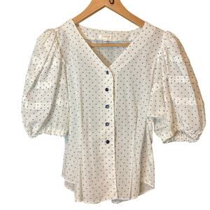 Yorn Boutique White Black Polka Dot Button Up V-Neck Puff Sleeve Blouse Top